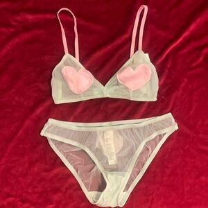 TOPSHOP Pale Green Mesh Pink Satin Hearts Bralette + Panty Set NWT Size 4/Small